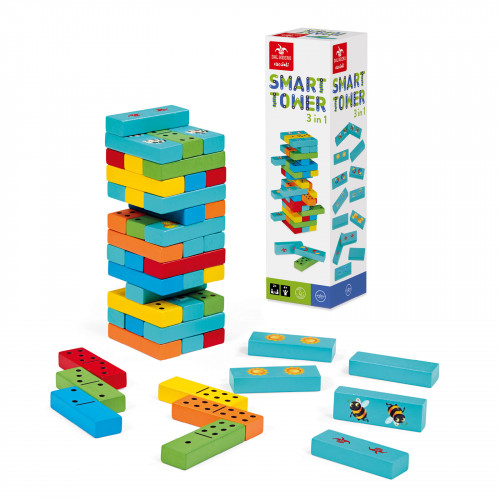 Joc Smart Tower 3 in 1 - Turnul Instabil, Domino, Memo Game, 52 piese, inaltime 24.5 cm